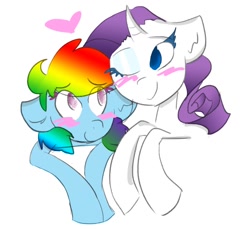 Size: 934x856 | Tagged: safe, artist:heeeeresizzy, rainbow dash, rarity, pegasus, pony, unicorn, blushing, female, heart, lesbian, raridash, rubbing, shipping, smiling, snuggling, wink