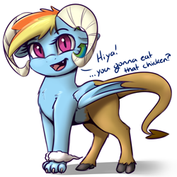 Size: 2400x2400 | Tagged: safe, artist:captainpudgemuffin, derpibooru import, rainbow dash, cute, dialogue, fangs, female, jersey devil, looking at you, open mouth, simple background, solo, species swap, white background