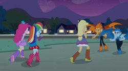 Size: 1023x574 | Tagged: safe, derpibooru import, screencap, applejack, pinkie pie, rainbow dash, snails, snips, demon, equestria girls, equestria girls (movie), bare shoulders, boots, bracelet, cowboy boots, fall formal outfits, hat, high heel boots, jewelry, sleeveless, strapless, the fools, top hat