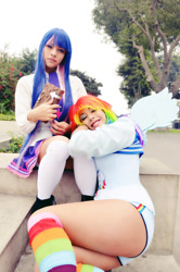 Size: 727x1098 | Tagged: safe, artist:dashcosplay, artist:kanako-redfield, artist:rouse-shinigami, rainbow dash, twilight sparkle, human, ass, clothes, cosplay, irl, irl human, panties, photo, shorts, skirt, underwear, upskirt, white underwear