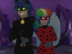 Size: 2048x1536 | Tagged: safe, artist:pimpartist101, derpibooru import, rainbow dash, soarin', equestria girls, clothes, costume, ladynoir, male, miraculous ladybug, nightmare night, ponyville, shipping, soarindash, straight