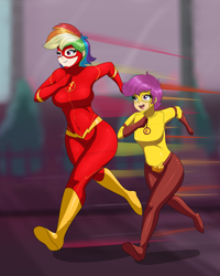 Size: 1016x1267 | Tagged: safe, artist:thebrokencog, derpibooru import, rainbow dash, scootaloo, human, barry allen, breasts, commission, crossover, dc comics, female, humanized, kid flash, rainboob dash, running, scootalove, the flash, wally west