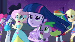 Size: 1023x572 | Tagged: safe, derpibooru import, screencap, applejack, fluttershy, pinkie pie, rainbow dash, rarity, spike, twilight sparkle, dog, equestria girls, equestria girls (movie), bare shoulders, fall formal outfits, hatless, mane seven, mane six, missing accessory, sleeveless, spike the dog, strapless