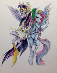 Size: 2293x2922 | Tagged: safe, artist:aiden, derpibooru import, rainbow dash, twilight sparkle, twilight sparkle (alicorn), alicorn, pegasus, pony, candy, food, halloween, looking at you, pixiv, rainbow dash always dresses in style, she-ra, traditional art