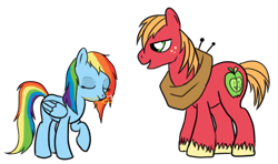 Size: 495x294 | Tagged: safe, artist:karmadash, big macintosh, rainbow dash, earth pony, pegasus, pony, eyes closed, key, male, mouth hold, open mouth, rainbow, rainbowmac, raised hoof, shipping, simple background, smiling, stallion, straight, transparent background, vector