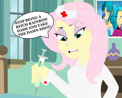 Size: 1280x1024 | Tagged: safe, artist:dalley-le-alpha, fluttershy, rainbow dash, equestria girls, comic, eyeshadow, flutterbitch, humanized, nurse, syringe, vulgar