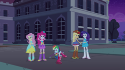 Size: 1920x1080 | Tagged: safe, derpibooru import, screencap, applejack, fluttershy, pinkie pie, rainbow dash, rarity, equestria girls, equestria girls (movie), balloon, bare shoulders, boots, bracelet, cowboy boots, fall formal outfits, high heel boots, jewelry, shipping fuel, sleeveless, strapless