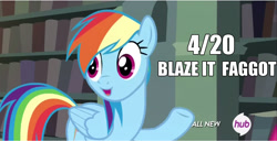 Size: 1366x698 | Tagged: safe, rainbow dash, pegasus, pony, 420, hub logo, image macro, meme, solo, vulgar