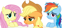 Size: 16507x7516 | Tagged: safe, artist:cyanlightning, derpibooru import, applejack, fluttershy, rainbow dash, earth pony, pegasus, pony, every little thing she does, .svg available, absurd resolution, hangover, hat, messy mane, simple background, table, tired, transparent background, vector