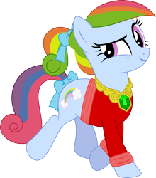 Size: 1031x1169 | Tagged: safe, artist:hawk9mm, artist:kaylathehedgehog, rainbow dash, rainbow dash (g3), earth pony, pony, g3, g4, bow, clothes, element of hope, elements of harmony, g3 to g4, generation leap, hair bow, jewelry, necklace, rainbow dash always dresses in style, solo, tail bow