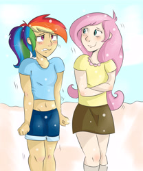 Size: 5000x6000 | Tagged: safe, artist:bloodyhellhayden, fluttershy, rainbow dash, human, absurd resolution, belly button, clothes, cold, humanized, kneesocks, midriff, miniskirt, shorts, skirt, snow, snowfall