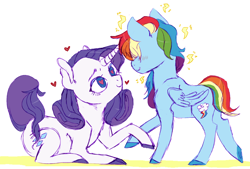 Size: 1280x867 | Tagged: artist needed, safe, derpibooru import, rainbow dash, rarity, pegasus, pony, unicorn, female, heart, heart eyes, lesbian, looking at each other, mare, raridash, shipping, smiling, wingding eyes