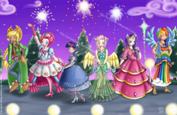 Size: 1024x663 | Tagged: safe, artist:yunsildin, derpibooru import, applejack, fluttershy, pinkie pie, rainbow dash, rarity, twilight sparkle, human, the best night ever, clothes, dress, eared humanization, fireworks, gala dress, grand galloping gala, horned humanization, humanized, mane six, watermark, winged humanization