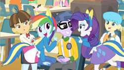 Size: 1280x720 | Tagged: safe, screencap, microchips, rainbow dash, rarity, watermelody, wiz kid, equestria girls, background human, flirting, flirty, helping twilight win the crown, wondercolts