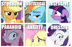 Size: 1174x770 | Tagged: safe, artist:tomfraggle, derpibooru import, applejack, fluttershy, pinkie pie, rainbow dash, rarity, twilight sparkle, earth pony, pegasus, pony, unicorn, and then there's rarity, compilation, contemplating insanity, exploitable meme, faic, i didn't listen, image macro, mane six, meme, one of these things is not like the others, rariderp, screenshots, that pony sure does love dresses