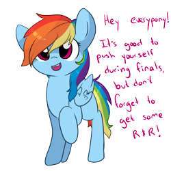 Size: 1000x1000 | Tagged: safe, artist:rue-willings, rainbow dash, pegasus, pony, advice, cute, dashabetes, finals, looking at you, meta, open mouth, raised hoof, smiling, solo