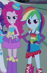 Size: 338x518 | Tagged: safe, derpibooru import, screencap, pinkie pie, rainbow dash, equestria girls, equestria girls (movie), arm warmers, boots, clothes, fall formal outfits, hand on hip, hat, looking at you, skirt, top hat, wings