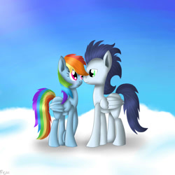 Size: 1000x1000 | Tagged: safe, artist:frozl, rainbow dash, soarin', pegasus, pony, blushing, female, male, shipping, smiling, soarindash, straight