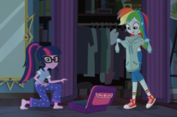 Size: 806x536 | Tagged: safe, derpibooru import, screencap, rainbow dash, sci-twi, twilight sparkle, equestria girls, legend of everfree, barefoot, clothes, converse, feet, hoodie, legend of everfeet, shoes, sneakers