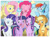 Size: 3398x2487 | Tagged: safe, artist:bakumaru01, derpibooru import, applejack, fluttershy, pinkie pie, rainbow dash, rarity, starlight glimmer, twilight sparkle, twilight sparkle (alicorn), alicorn, earth pony, pegasus, pony, unicorn, balloon, eyes closed, floating, flying, lidded eyes, looking at you, mane six, open mouth, smiling, spread wings, then watch her balloons lift her up to the sky, twilight's castle