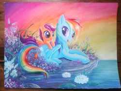 Size: 2576x1932 | Tagged: safe, artist:rainwaterfallszone, derpibooru import, rainbow dash, scootaloo, pegasus, pony, flower, prone, scootalove, traditional art, water, watercolor painting, waterlily