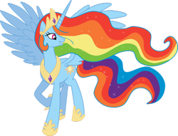 Size: 1024x782 | Tagged: safe, artist:blah23z, derpibooru import, princess celestia, rainbow dash, alicorn, pony, female, mare, palette swap, race swap, rainbowcorn, raised hoof, recolor, simple background, smiling, solo, transparent background, vector