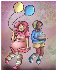 Size: 798x1000 | Tagged: safe, artist:friggingodess, derpibooru import, pinkie pie, rainbow dash, balloon, cake, dark skin, humanized, undercut, why meph why