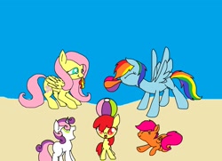 Size: 1051x759 | Tagged: safe, artist:violetandblaire, apple bloom, fluttershy, rainbow dash, scootaloo, sweetie belle, pegasus, pony, beach, beach ball, blowing, inflatable, inflating, rainblow dash