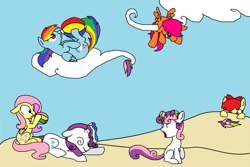 Size: 1023x684 | Tagged: safe, artist:violetandblaire, apple bloom, fluttershy, rainbow dash, rarity, scootaloo, sweetie belle, pegasus, pony, unicorn, beach ball, blowing, cloud, cloudy, faint, inflatable, popping, rainblow dash