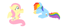 Size: 1024x465 | Tagged: safe, artist:violetandblaire, fluttershy, rainbow dash, pegasus, pony, armband, blowing, eyes closed, floaty, inflatable, inflation, rainblow dash, sitting, smiling, spread wings, water wings