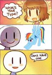 Size: 1173x1709 | Tagged: safe, artist:k009, derpibooru import, edit, rainbow dash, human, pegasus, pony, blatant lies, comic, female, iwtcird, low quality, mare, meme, what's your type