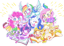 Size: 1280x910 | Tagged: safe, artist:tsukuda, derpibooru import, applejack, fluttershy, pinkie pie, rainbow dash, rarity, spike, twilight sparkle, twilight sparkle (alicorn), alicorn, dragon, earth pony, pegasus, pony, unicorn, accordion, bouquet, cake, food, mane seven, mane six, pixiv, present