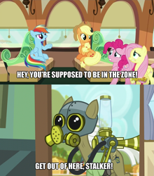 Size: 1207x1370 | Tagged: safe, derpibooru import, edit, edited screencap, screencap, applejack, fluttershy, max raid, pinkie pie, rainbow dash, earth pony, pegasus, pony, bloom and gloom, buckball season, female, gas mask, get out of here stalker, image macro, male, mare, mask, meme, pest control pony, s.t.a.l.k.e.r., stallion, train, zone