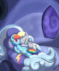 Size: 1280x1536 | Tagged: safe, artist:thenicestperson, derpy hooves, rainbow dash, pegasus, pony, bed, cuddling, derpydash, female, lesbian, mare, shipping, snuggling