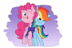 Size: 2743x1828 | Tagged: safe, artist:supercoco142, derpibooru import, pinkie pie, rainbow dash, earth pony, pegasus, pony, clothes, female, lesbian, mare, one eye closed, pinkiedash, raised hoof, scarf, shared clothing, shared scarf, shipping, simple background, smiling, tongue out, transparent background, wink