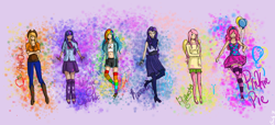 Size: 1324x603 | Tagged: safe, artist:melodicartist, derpibooru import, applejack, fluttershy, pinkie pie, rainbow dash, rarity, twilight sparkle, balloon, clothes, converse, equestria girls outfit, humanized, mane six, shoes