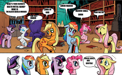 Size: 800x490 | Tagged: safe, derpibooru import, edit, idw, applejack, fluttershy, pinkie pie, rainbow dash, rarity, twilight sparkle, twilight sparkle (alicorn), alicorn, earth pony, pegasus, pony, unicorn, spoiler:comic, spoiler:comic17, exploitable meme, lamb of god, mane 6 interests, mane six, meme, obligatory pony