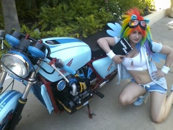 Size: 1280x960 | Tagged: safe, artist:supermousechan, rainbow dash, human, 2013, clothes, convention, cosplay, decal, fiesta equestria, goggles, honda, irl, irl human, motorcycle, photo, shorts, solo, wristband