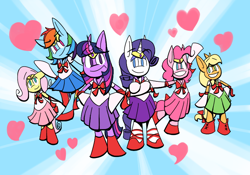 Size: 750x525 | Tagged: safe, artist:trojan-pony, derpibooru import, applejack, fluttershy, pinkie pie, rainbow dash, rarity, twilight sparkle, earth pony, pegasus, pony, unicorn, bipedal, sailor ponies, sailor uniform, sunburst background