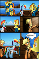 Size: 1280x1944 | Tagged: safe, artist:stuflox, derpibooru import, applejack, rainbow dash, spitfire, earth pony, pegasus, pony, comic:the count of monte rainbow, boat, clothes, comic, danglajacks, danglars, flying, rainbow dantes, ship, the count of monte rainbow