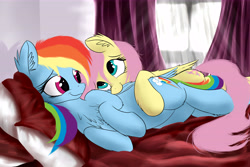 Size: 9000x6000 | Tagged: safe, artist:aurelleah, derpibooru import, fluttershy, rainbow dash, pegasus, pony, absurd resolution, bed, bedroom eyes, cuddling, curtains, cute, dashabetes, ear fluff, eye contact, female, fluffy, flutterdash, looking at each other, lying down, male, on side, pillow, preening, rule 63, scrunchy face, shipping, shyabetes, snuggling, spooning, straight, this is the source, window, wing noms, wip