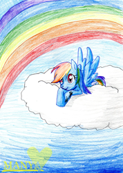 Size: 600x842 | Tagged: safe, artist:sofua, rainbow dash, pegasus, pony, cloud, rainbow, solo, traditional art