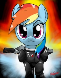 Size: 793x1008 | Tagged: safe, artist:sakaerion, rainbow dash, pegasus, pony, armor, assault rifle, mass effect, n7 armor, solo