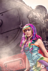 Size: 1024x1536 | Tagged: safe, artist:babygirlfallenangel, derpibooru import, rainbow dash, human, clothes, corset, cosplay, costume, irl, irl human, locomotive, photo, solo, steam engine, train