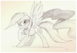 Size: 1059x735 | Tagged: safe, artist:sherwoodwhisper, derpibooru import, rainbow dash, pegasus, pony, cape, clothes, grayscale, mask, monochrome, raised hoof, simple background, solo, spread wings, traditional art