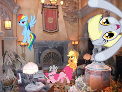 Size: 1024x768 | Tagged: safe, derpibooru import, applejack, derpy hooves, pinkie pie, rainbow dash, pegasus, pony, disneyland, female, irl, mare, photo, ponies in real life, the twilight zone tower of terror