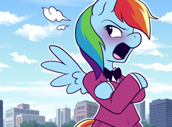 Size: 770x568 | Tagged: safe, artist:pixel-prism, rainbow dash, pegasus, pony, semi-anthro, bipedal, blushing, bowtie, clothes, crossed hooves, embarrassed, female, mare, open mouth, solo, tsundere, twilight sparkle's secret shipfic folder