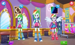 Size: 897x540 | Tagged: safe, derpibooru import, screencap, rainbow dash, equestria girls, fall formal outfits, gameloft, multeity, ponied up, triality, triple rainbow