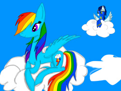 Size: 1024x768 | Tagged: safe, artist:awalonponyart, rainbow dash, soarin', pegasus, pony, cloud, cloudy, female, male, shipping, soarindash, straight