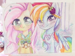 Size: 1200x900 | Tagged: safe, artist:odaefnyo, derpibooru import, fluttershy, rainbow dash, pegasus, pony, collage, female, flutterdash, heart eyes, lesbian, mare, shipping, traditional art, watercolor painting, wingding eyes